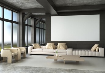 3D illustration Mockup photo frame in lounge rendering