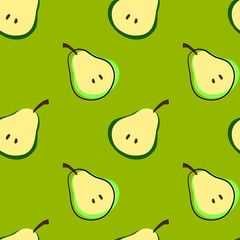 Fresh rape green pears vector pattern on the bright greenbackground. Simple sliced pear pattern. Endless illustration. Green and yellow autumn fruit. Sweet, tasty organic food.