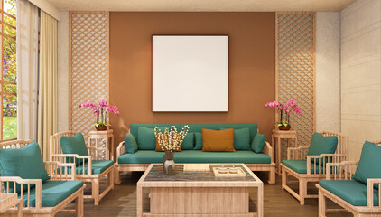 3D illustration Mockup photo frame in restaurant, rendering