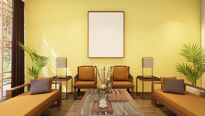 3D illustration Mockup photo frame in restaurant, rendering