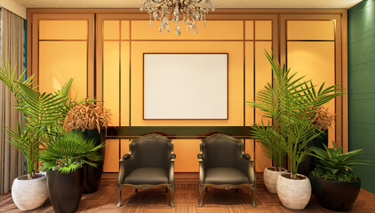 3D illustration Mockup photo frame in restaurant, rendering