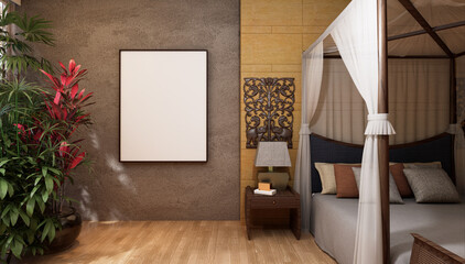 3D illustration Mockup photo frame in bedroom, rendering