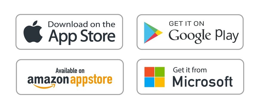 Kiev, Ukraine - November 7, 2021: Buttons Google Play Store, Amazon AppStore, Apple App Store, Microsoft download