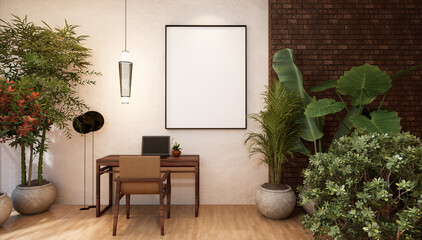 3D illustration Mockup photo frame in working area rendering