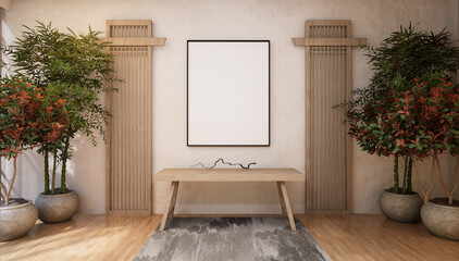 3D illustration Mockup photo frame in restaurant, rendering