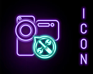 Glowing neon line Video camera with screwdriver and wrench icon isolated on black background. Adjusting, service, setting, maintenance, repair, fixing. Colorful outline concept. Vector