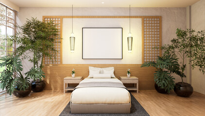 3D illustration Mockup photo frame in bedroom, rendering