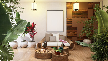 3D illustration Mockup photo frame in restaurant, rendering