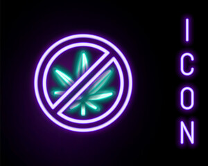 Glowing neon line Stop marijuana or cannabis leaf icon isolated on black background. No smoking marijuana. Hemp symbol. Colorful outline concept. Vector