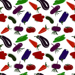 Bright funky vegetable vector pattern on white background. Line contoured vegetable elements. Red tomatoes, purple eggplants, green cucumbers, orange carrots, purple beetroots. Simple veggies.