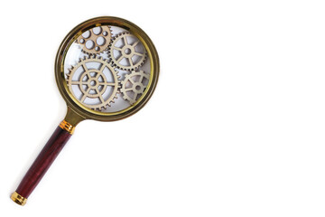 Magnifier with gears on white background.Concept of repair and workshop.