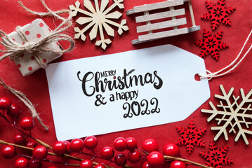 Fototapeta na wymiar Bright Red Christmas Decoration, Label, Merry Christmas And A Happy 2022