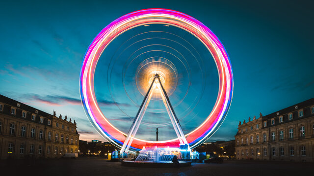 Illuminated Ferris Wheel at Neues Schloss / New Castle, Schlossplatz, Stuttgart Germany