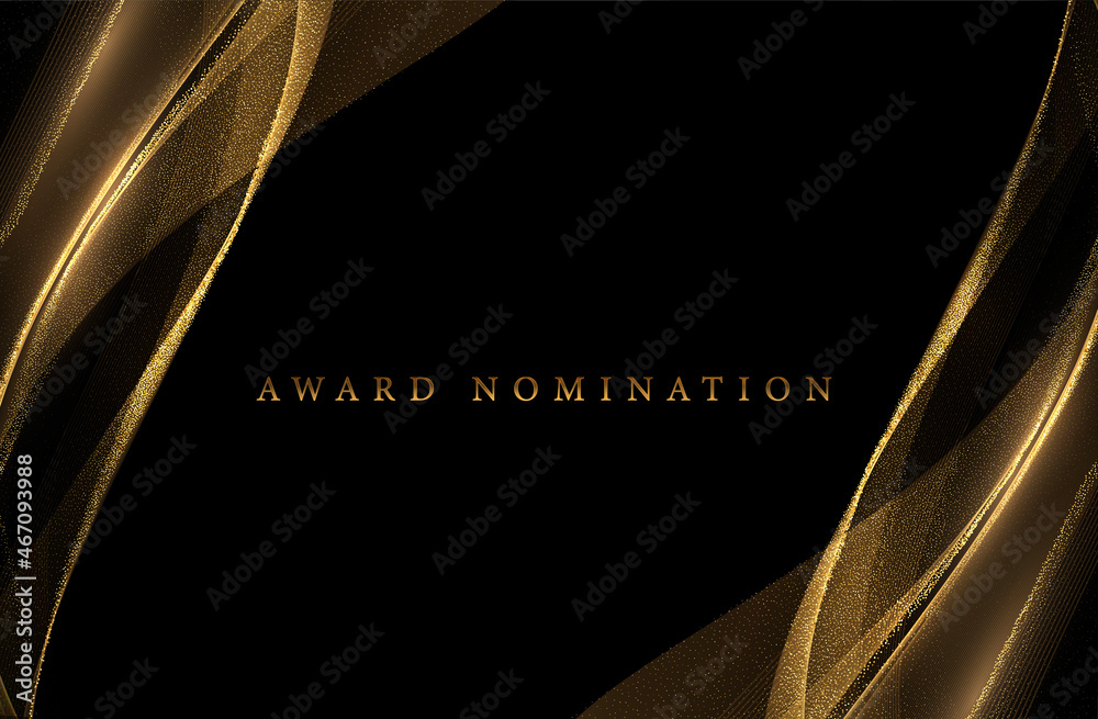 Poster Abstract Gold Waves. Shiny golden moving lines design element with glitter effect on dark background for greeting card and disqount voucher.