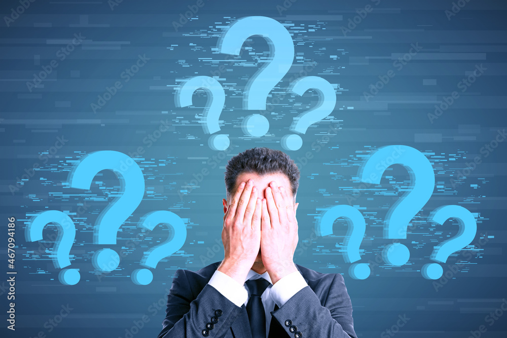 Poster attractive young caucasian businessman covering eyes with glowing question marks on digital backgrou