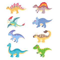 Dinosaur cartoon vector Set. Spinosaurus, Spinosaurus, Pterodactyl, Triceratops, Parasaurolophus, Ankylosaurus, Brachiosaurus, Tyrannosaurus