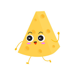 Kawaii cartoon of triangular cheese slice. Character of cute sliced cheese. chibi mascot. Illustration emoji cheese in flat style. walking, happy