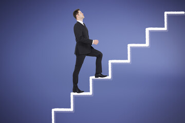 Fototapeta premium Attractive young european businessman walking up on abstract stairs on purple background. Success and career growth concept.