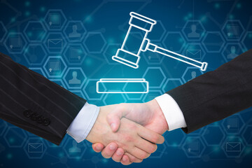 Side view of businessmen handshake on creative digital gavel on blue background. Online auction and...