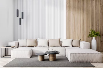 Fotobehang Per kamer Luxury living room interior with beautiful couch, pillows, rug and other items. Design concept. 3D Rendering.  © Who is Danny