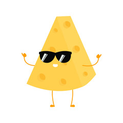 Kawaii cartoon of triangular cheese slice. Character of cute sliced cheese. chibi mascot. Illustration emoji cheese in flat style. cool, sunglasses, thumb up