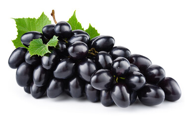 Black grape isolated on white. Fresh dark grape with leaves. With clipping path. Full depth of field.