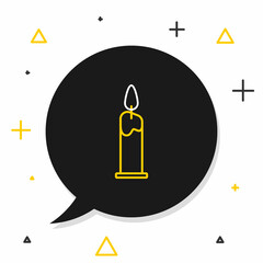 Obraz premium Line Burning candle in candlestick icon isolated on white background. Cylindrical candle stick with burning flame. Colorful outline concept. Vector