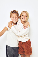 Image of boy and girl hug fun childhood isolated background