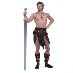 Fototapeta na wymiar 3D Rendering : A portrait of the elf male character standing in the white background ,isolated image of male elf with the sword in his hand 