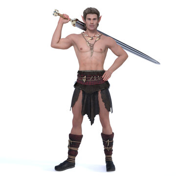 3D Rendering : A portrait of the elf male character standing in the white background ,isolated image of male elf  with the sword in his hand
