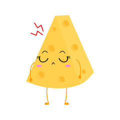 Kawaii cartoon of triangular cheese slice. Character of cute sliced cheese. chibi mascot. Illustration emoji cheese in flat style. upset, sad, angry