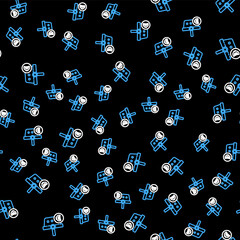 Line Shopping basket and euro symbol icon isolated seamless pattern on black background. Online buying concept. Delivery service. Shopping cart. Vector