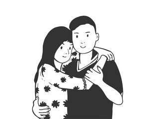 guy and girl on camera drawing. girl and guy hug. couple in love. vector. sketch. eps	