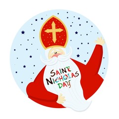 Round sign of St. Nicholas. Tag for St. Nicholas Day. Sinterklaas Eve. New Year's and Christmas