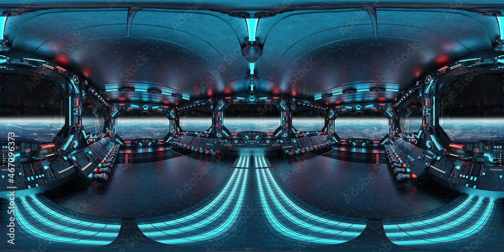 Poster HDRI panoramic view of dark blue spaceship interior with windows. High resolution 360 degrees panorama reflection mapping of a futuristic spacecraft 3D rendering