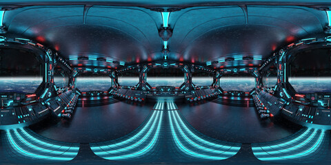 HDRI panoramic view of dark blue spaceship interior with windows. High resolution 360 degrees panorama reflection mapping of a futuristic spacecraft 3D rendering