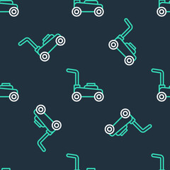 Line Lawn mower icon isolated seamless pattern on black background. Lawn mower cutting grass. Vector