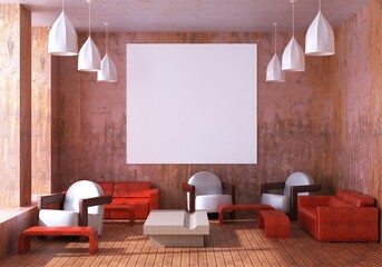 3D illustration Mockup photo frame in lounge rendering