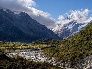 Fototapeta na wymiar New Zealand - Mount Cook / Aoraki National Park - Melting water coming down the mountain