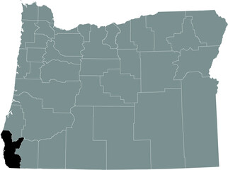 Black highlighted location map of the Curry County inside gray administrative map of the Federal State of Oregon, USA