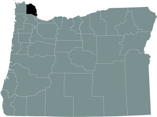 Black highlighted location map of the Columbia County inside gray administrative map of the Federal State of Oregon, USA
