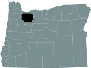 Black highlighted location map of the Clackamas County inside gray administrative map of the Federal State of Oregon, USA