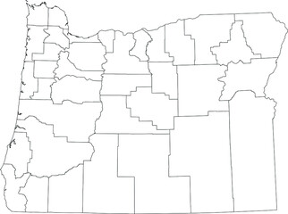 White blank vector administrative map of the Federal State of Oregon, USA with black borders of its counties