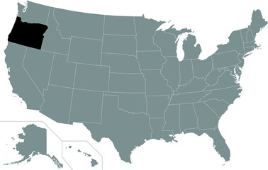 Black highlighted location administrative map of the US Federal State of Oregon inside gray map of the United States of America