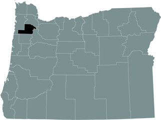 Black highlighted location map of the Yamhill County inside gray administrative map of the Federal State of Oregon, USA