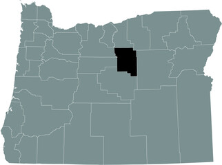 Black highlighted location map of the Wheeler County inside gray administrative map of the Federal State of Oregon, USA