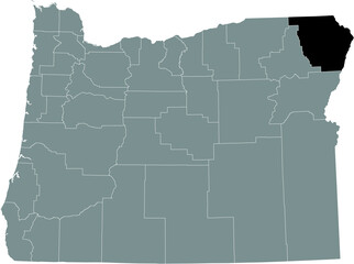 Black highlighted location map of the Wallowa County inside gray administrative map of the Federal State of Oregon, USA