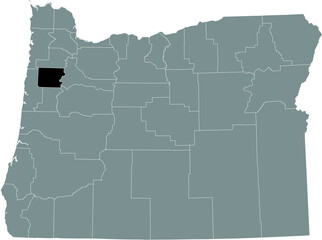 Black highlighted location map of the Polk County inside gray administrative map of the Federal State of Oregon, USA