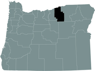 Obraz premium Black highlighted location map of the Morrow County inside gray administrative map of the Federal State of Oregon, USA