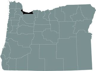 Black highlighted location map of the Multnomah County inside gray administrative map of the Federal State of Oregon, USA